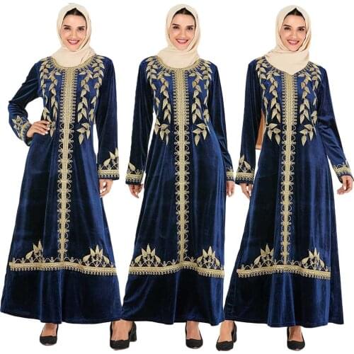 Dubai Abaya Muslim Women Embroidery Velvet Maxi Dress Islamic Jilbab Party Gown Arab Long Sleeve Long Robe Vintage Ethnic Dress