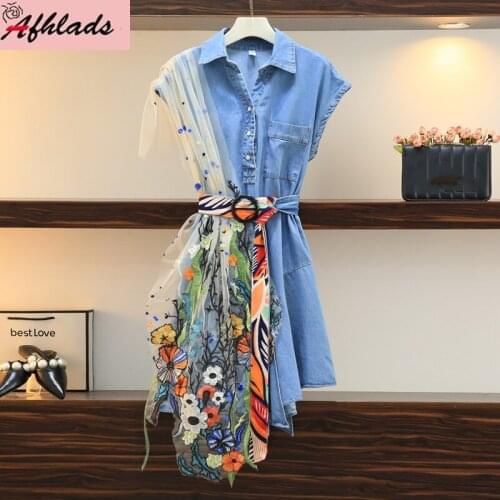 Denim Print Stitching Dress 2021 Summer Short Sleeved Embroidery Mesh Fashion Vintage Single-Breasted Vestidos Women With Belt