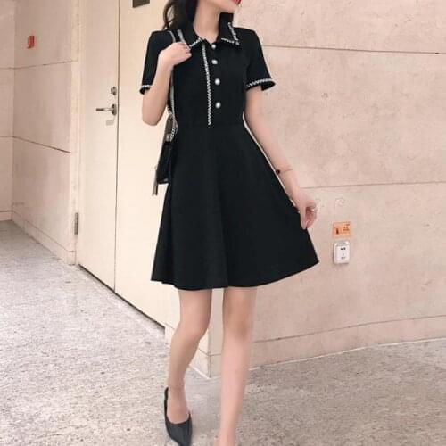Office Lady A-line Patchwork France Button Elegant Women Knee-length Turn-down Collar Black Hepburn Summer Dress party dresses