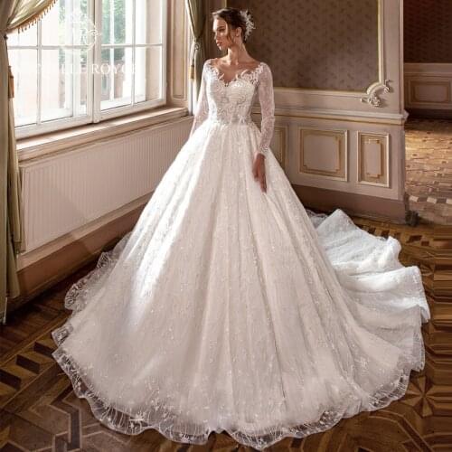 Michelle Royce Ball Gown Wedding Dresses 2020 Long Sleeve Illusion Appliques Button Chapel Train Bridal Gowns Vestido De Noiva