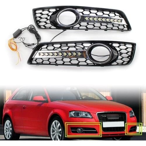 2Pcs Car Front Fog Light Lamp Cover Honeycomb Mesh Grill w/ LED Lights For Audi A3 8P 2009 2010 2011 2012 2013