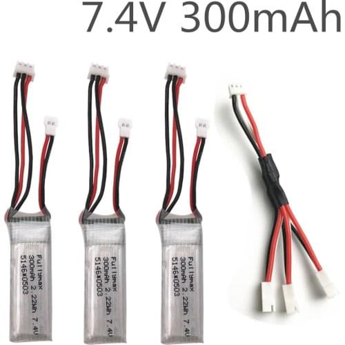 3PCS 7.4V 300mah lithium battery with 1 to 3 conversion line for WLToys F959 XK DHC-2 A600 A700 A800 A430 spare parts