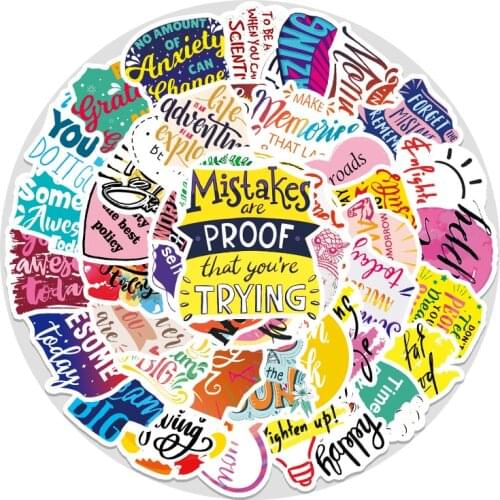 50pcs Color English Letters Inspirational Quotes Sticker for Laptop Computer Skateboard Case Helmet Toy Cartoon Decals Stickers