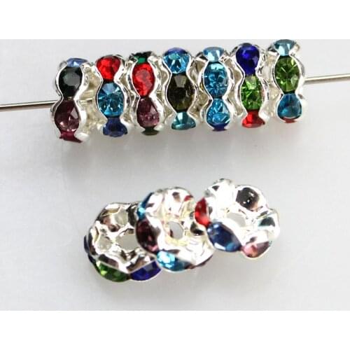 6/ 8/10mm Silver Single Mixed Color Crystal Rhinestone Metal Rondelle Spacer silver Plated DIY Beads Necklace Bracelet Wholesal