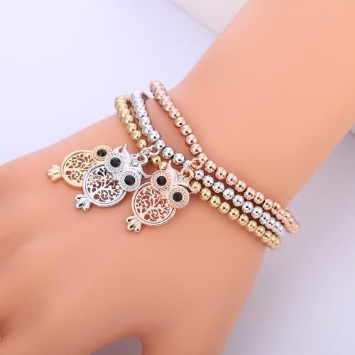 3Pcs Crystal Owl Animal Tree of Life Pendant Elastic Bracelets For Women Mix Colors Beads Bell Charms Bracelet Jewelry Gifts