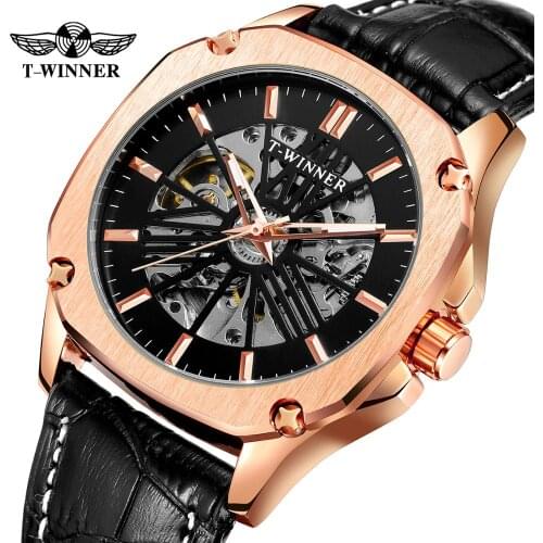 T Winner New Hollow Dial Automatic Mechanical Watches Mens Luxury Business Waterproof Leather Wristwatches Male