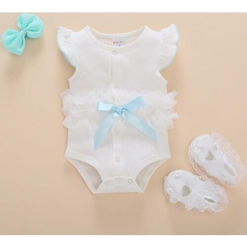 Newborn baby Lace Flower Romper Baby Girl 100% Cotton Bow+Shoes +Romper 3PCS Infant 1 year birthday photography Roupa