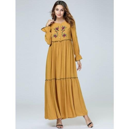 Elegant Embroidery Floral Long Dress Maxi Abaya Kimono Full Dress Loose Robe Gowns Muslim Clothing Middle East Islamic Dress