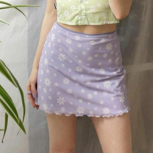 Sweet Girl Floral Print Mini Skirt Kawaii Ruffle Hem High Waist Short Straight Skirt Y2K Aesthetic Women Vintage Streetwear