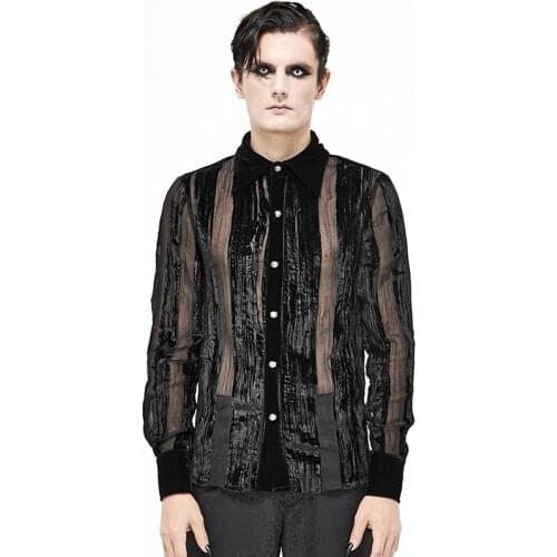 Gothic Mens Shirt Hollow Striped Sexy Shirt Button Stand Collar Long Sleeve