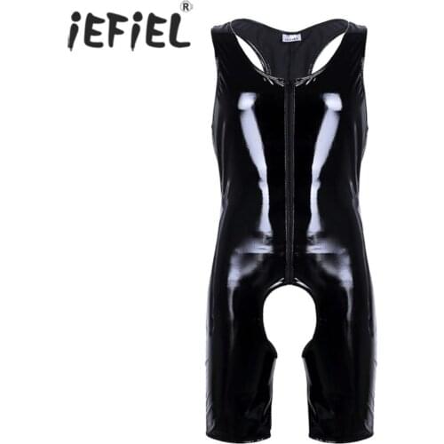Mens Wetlook Bodystocking Patent Leather One-piece Front Zipper Open Crotchless Singlet Boxer Shorts Leotard Bodysuit Underwear