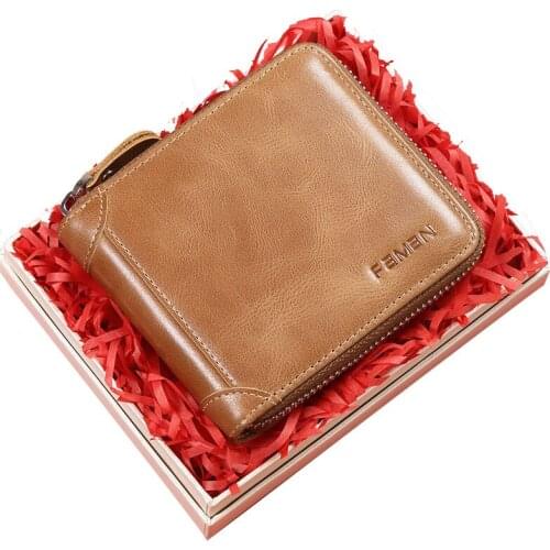 RFID Protection Genuine leather Mens Wallet Top Grain Cow Leather Purse Brown Coffee Black Blue with Zipper High Quality