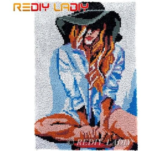 Latch Hook Kits Fashion Lady Chunky Yarn Embroidery Crocheting Tapestry Kits Needlework Arts & Crafts DIY Carpet Rug 58*87cm