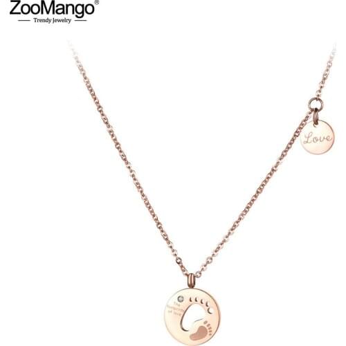 ZooMango Fashion Double Footprints Love Chokers Necklace For Women Rose Gold Stainless Steel CZ Crystal Pendant Jewelry ZN19030