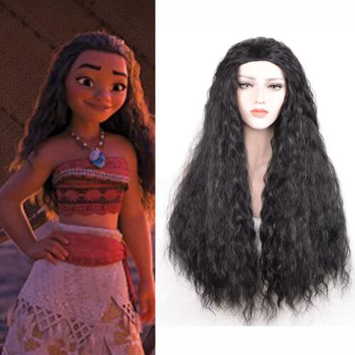 Girls Adult Animie Polynesia princess Moana Wig 80cm Long Wavy Synthetic Hair Costume Wigs (Black /Brown) +Wig Cap