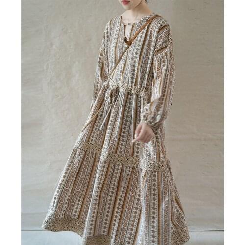 SCUWLINEN French Style Women Dress 2021 Autumn Vintage Bohemia Print Patchwork Drawstring Loose A-line Long Cotton Dresses P389