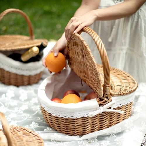 Wicker Handmade Woven Rattan Basket With Handle And Double Lids Camping Picnic Food Storage Container For Camping