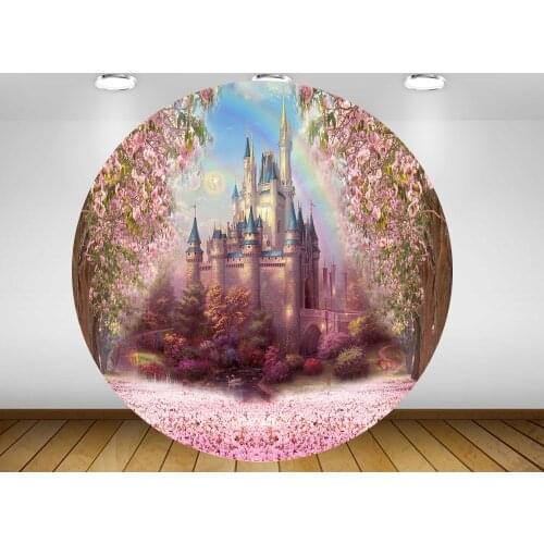 Pink flower Round circle background backdrop princess baby shower kids birthday party decor candy table banner fabric YY-284