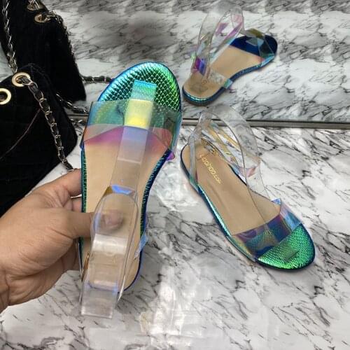 Women Summer Colorful Open Toe Slip On Sandals Woman Sexy Bukle Strap Flat Casual Shoes Female Pu Transparent Lady Fashion Shoes