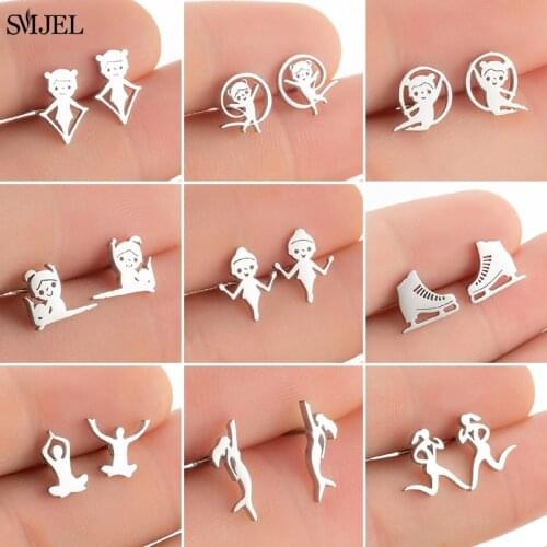 New Multiple Sports Stud Earrings for Women Girls Stainless Steel Ballet Gymnastics Swim Yoga Earrings Skate Jewelry Club Gift
