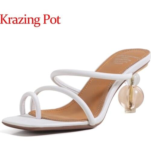 Krazing pot summer genuine leather square toe high heels strange style concise style flip flop slip on mules sandals women L51