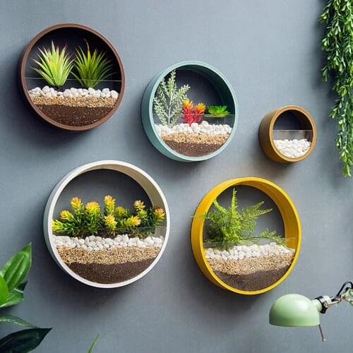 Modern Round Iron Wall Vase Home Living Room Restaurant Hanging Flower Pot Wall Decor Succulent Plant Planters Art Glass Vases
