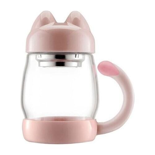HOMIE Cat Glass Tea Cup Mug with a Lid Strainer Filter black pink Coffee Mug Tail Handle for Children Cat Lover Christmas