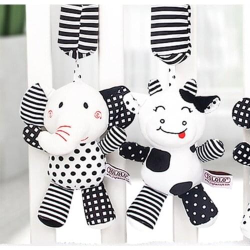 Bite-Free Soft Animal Bell Rattle for Baby Black & White Eye Sensing Interactive Car Seat Toy Rattle Crib Squeaker Doll