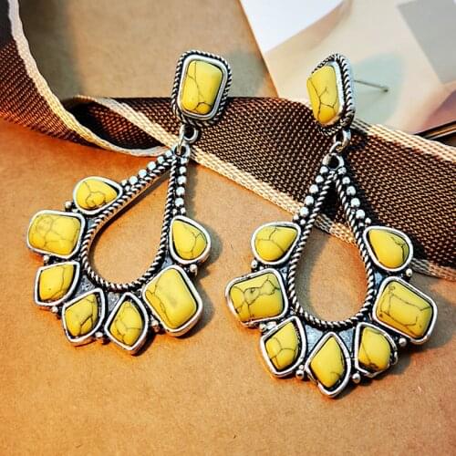 Vintage Antique Silver color Water Drop Earrings Fashion Boho Geometric Yellow Opal Pendientes Indian Earring For Women Jewelry