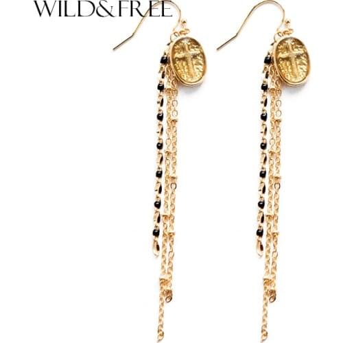 Wild&Free Vintage Enamel Cross Heart Earrings Handmade Long Tassel Drop Dangle Earrings For Women Jewelry Wedding Party Gifts