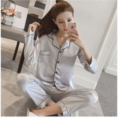 Women Pajama Sets Silk Satin Pijama Turn-down Collar Sleepwear Lady Long Sleeve Spring Nightwear Femme 2 Pieces Sets Homewear