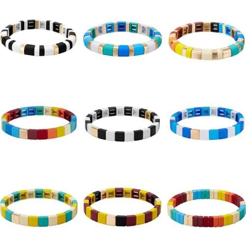 Rinhoo 2021 New Geometric Shape Rainbow Mixed Color Alloy Beads Elastic Rope Chain Friendship Bracelet Female Charm Jewelry Gift