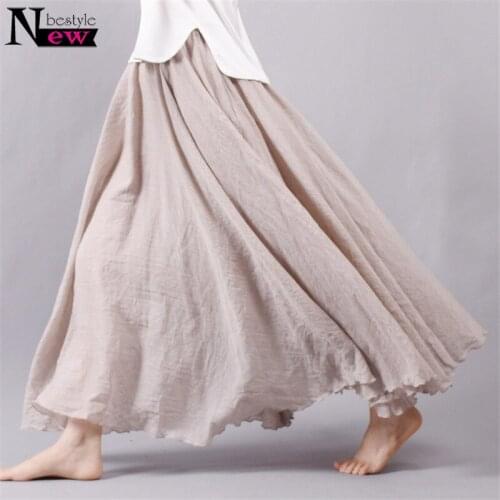 Newbestyle 2019 Women Linen Cotton Long Skirts Elastic Waist Pleated Maxi Skirts Beach Bohemia Vintage Summer Skirts Faldas Saia