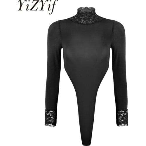 Women Sexy Bodysuits Underwear One Piece Sheer Lingerie Bodysuit Long Sleeve Turtleneck High Cut Tank Thong Leotard Bodysuit