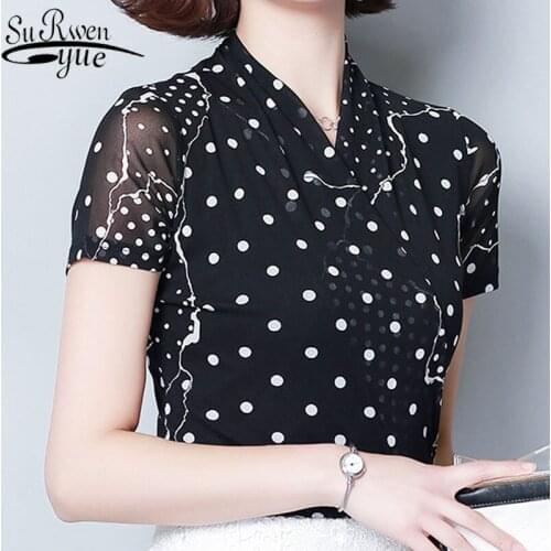 Womens tops and blouses 2021 ladies tops chiffon blouse dot short top for women Ruffles V-Neck black shirt plus size 4338 50