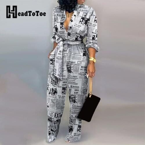 Headline Print Tied Waist Rompers Women Jumpsuit Long Sleeve V-neck Casual Jumpsuit One Piece Overalls Streetwear