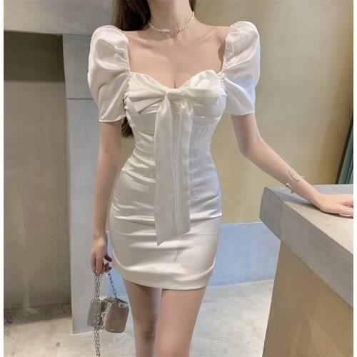 Square neck puff sleeve bow slim white and black dress women short sleeve solid color short dresses female