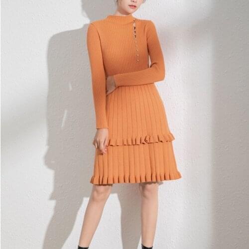 Elegant Beading Women Sweater Dress Turtleneck Full Sleeve Stretch Vestidos Female Knee-length Knitted Cascading Ruffle Dress