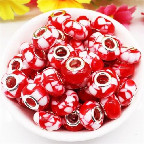 10Pcs Red White Patchwork Color Fimo Clay Large Hole Round Loose Spacer Beads Slide Charms Fit Snake Chain Bracelet Bangle Craft