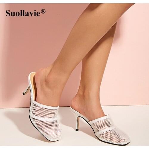 2021 Summer Korean Style Mesh Casual Breathable Slippers Womens Sandals Mid-heel Stiletto Shoes White Black Plus Size 35-42