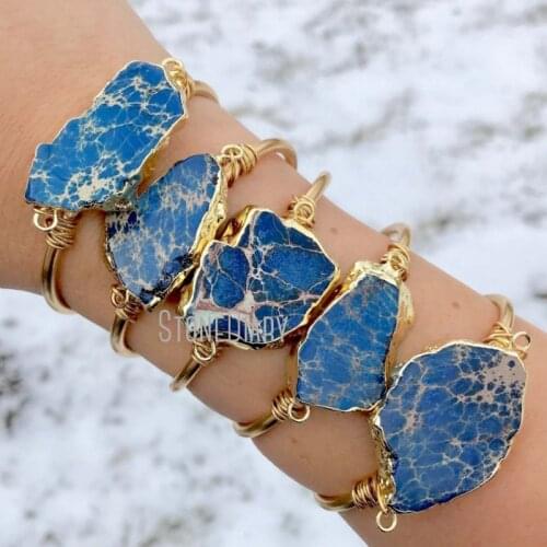 Hot Sale Blue Ocean Jaspers Connector Slice Charm Cuff Bracelet Minimalist Gold Jaspers Stone Bracelet In Adjustable BM11266