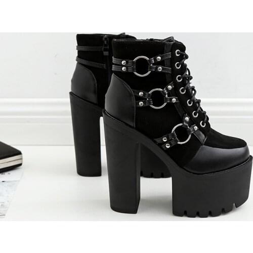 New Fashion Motorcycle Boots Women Platform Heels Casual Shoes Lacing Round Toe Shoes Ladies Autumn Boots Black 20jk