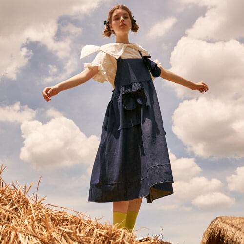 Parent-child imakokoni original sweet bow denim strap skirt female summer elastic waist dress 213394