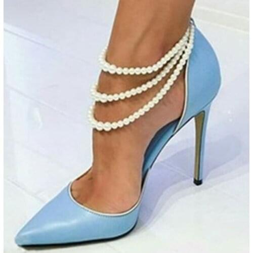 FGHGF Womens pointed high heels, womens light blue nude shoes with pearl chain fashion sexy shoes, sandals womens