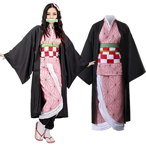 Demon Slayer Kimetsu No Yaiba Cosplay Costumes Kimono Kamado Nezuko Adult Child Wig Suit Halloween Anime Costume