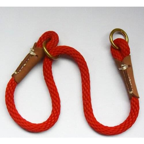 Leather Handmade Round Braided Rope Nylon Dog Collar Slip Choke Pet Collars for Small Medium Large Dogs Width: 3/8" Red brown