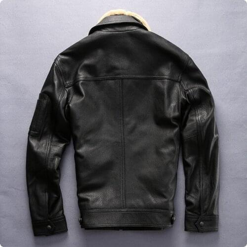 High Quality Zipper Coat For Male Fashion Casual Mens Sheepskin Genuine Leather Short Jacket Pilot Fur Collar Black Size 2XL