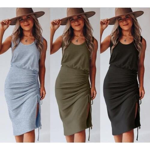 Summer Dress Women Clothing Shrinkage Drawstrig High Split Dresses O-Neck Sling Sleevelss Dress For Women Vestidos Femme Robes