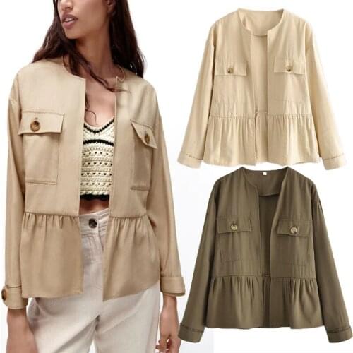 Summer Women Za 2021 Fashion Open Front Ruffle Jacket Top Vintage Round Neck Long Sleeve Button Flounced Hem Female jacket Mujer