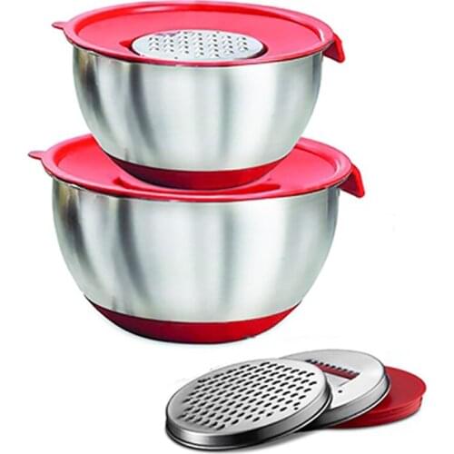 Stainless Steel Salad Mixer Bowls Set with Lids/Handle/Grater, Kitchen Baking Non-Slip Mixing Bowl Food Container